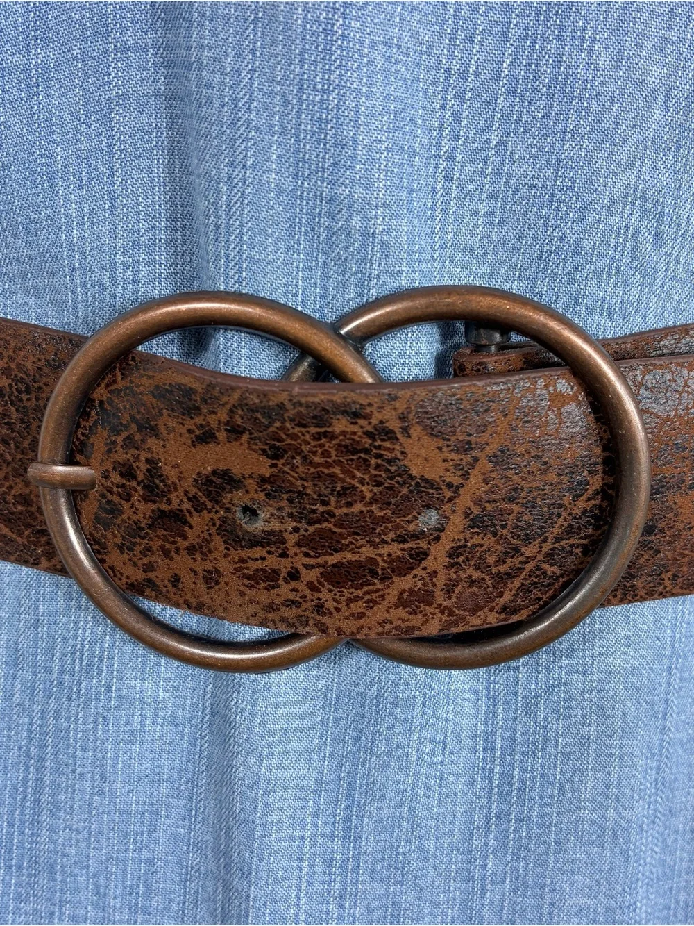 Womens belt 36” long distressed faux leather brown double ring buckle
